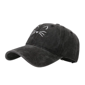 Classic washed black cotton baseball cap with minimalist cute cat embroidery in white