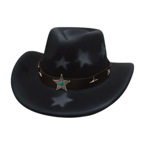 Black western cowboy hat with pentagram spray paint and turquoise leather band decoration