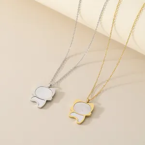 Cute Cat Silhouette Pendant Necklace Stainless Steel White Shell Inlay Clavicle Chain Fashion Jewelry For Couples