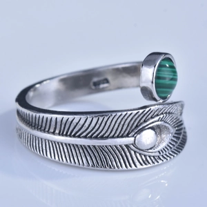 Vintage silver feather open ring featuring a round green malachite stone and silver bead