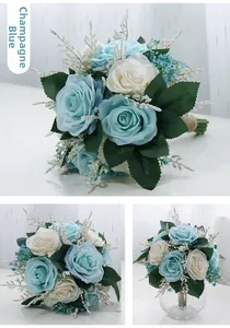 Detailed views of champagne blue artificial bridal bouquet with roses and twine handle