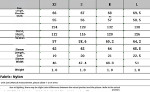 Detailed size chart for women's ribbed long sleeve jacket with measurements from XS to L