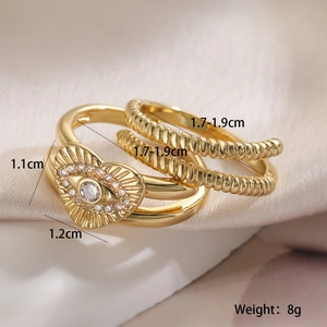 Detailed view of gold plated double-layer evil eye ring with dimensions and 8g weight info