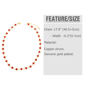Detail view of heart-shaped red zircon gold necklace with precise size specifications