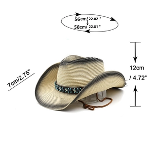 Gradient woven western cowboy hat with turquoise bead band and chin strap on white background