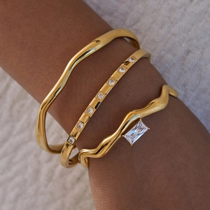 Stackable 18K gold plated stainless steel wave bracelets with square zircon for women