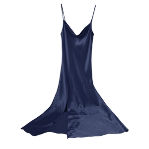 Elegant navy blue satin long slip dress with spaghetti straps and sexy high slit