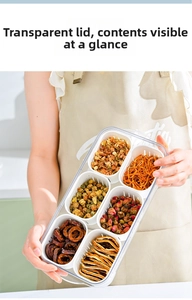 Transparent food storage box with 6 removable white compartments and clear lid for kitchen