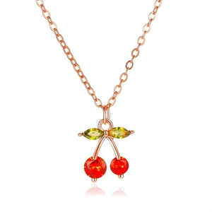 Exquisite rose gold cherry pendant necklace with red and green sparkling crystals