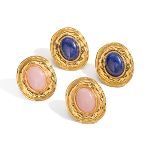 Vintage gold oval earrings set with elegant pink and deep blue lapis-style stones