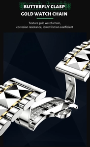 Detail of stainless steel watch band with tri-color links and secure butterfly clasp