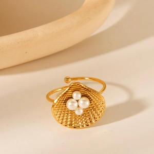 Ocean Style Shell Open Ring 18K Gold Plated Stainless Steel With White Artificial Pearls Adjustable Jewelry For Women