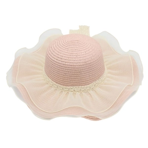 Detailed close-up of pink straw hat with lace trim and mesh brim for girls