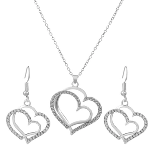 Hollow double heart necklace and earrings jewelry set with sparkling crystals