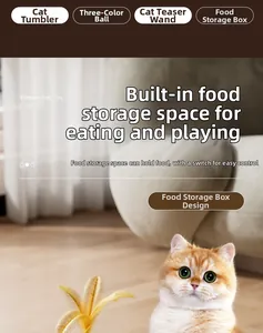 Detail view of cat food dispenser toy with interactive feather and spinning balls