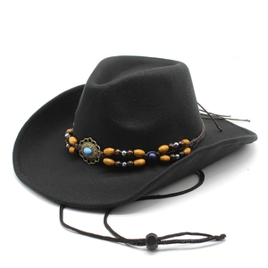 Black western felt cowboy hat with vintage beaded band and adjustable chin strap