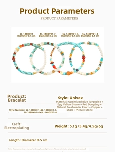 Detailed size chart for handmade beaded bracelets with turquoise and pearl materials