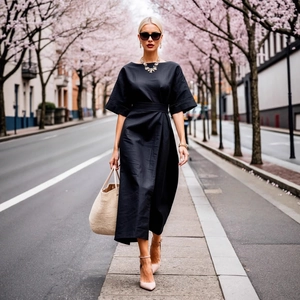 Elegant black midi dress with round neck and waist tie shown in a cherry blossom street