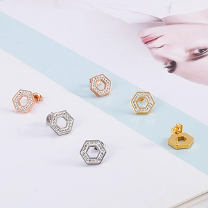 Sparkling hexagonal honeycomb stud earrings set in rose gold, silver, and gold plating
