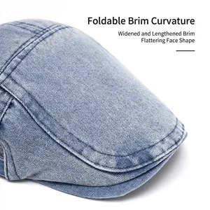 Light blue denim newsboy cap with a wide foldable brim for face contouring effects