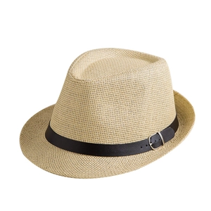 Cappello fedora in paglia beige chiaro con nastro in pelle nera e fibbia metallica