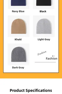 Detail view of winter beanies in navy, black, khaki, light grey and dark grey knit