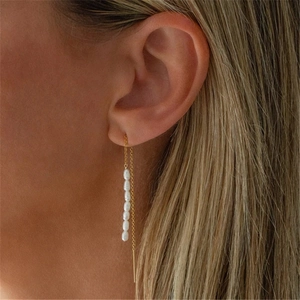 Detail view of S925 silver long gold chain tassel earrings with six white pearls