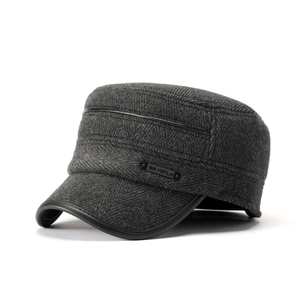 Men's winter grey herringbone flat top military hat with warm fleece and leather details