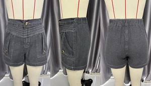 Detailansicht der dunkelgrauen Denim-Shorts mit hoher Taille und Cargotaschen