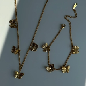 Retro butterfly pendant necklace and bracelet set in 18K gold plated stainless steel