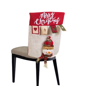 Linen Christmas chair cover with 3D snowman and red Merry Christmas flap decoration