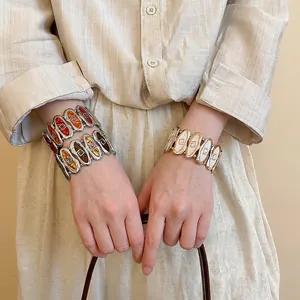 Bohemian elastic stretch cuff bracelet with geometric enamel patterns in vintage style