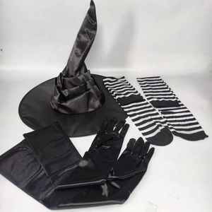 Halloween witch costume set with black satin pointed hat striped socks and long gloves
