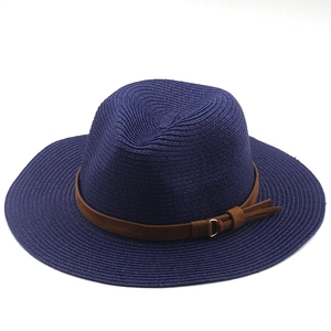 Navy blue Panama straw hat with brown faux suede belt and metallic buckle detail