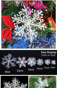 Size chart showing 6cm to 30cm white glitter snowflake ornaments for Christmas tree decoration