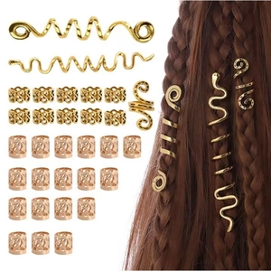 Golden boho hair jewelry set with spiral rings and natural stone charms on braids