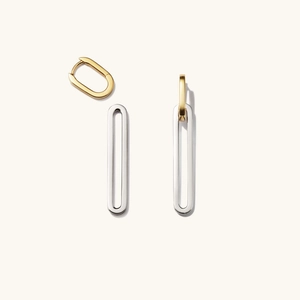 Two-tone 18K gold and silver stainless steel detachable long dangle earrings on white background