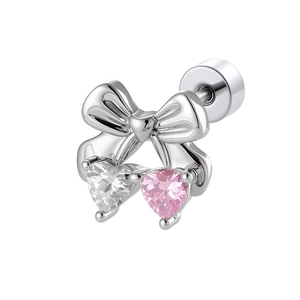 Elegant silver bow stud earring featuring sparkling pink and white heart-shaped crystals
