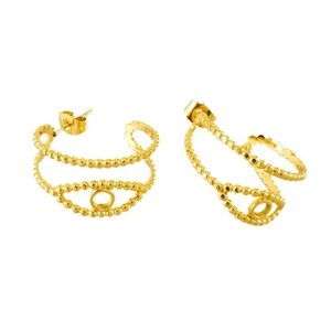 Golden double-layer wavy earrings with hollow circle design in stainless steel