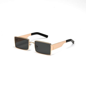 Retro rectangular metal sunglasses with gold frames and dark lenses shown in 45-degree view