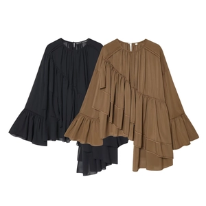 Chiffon Blouse Long Sleeve Ruffle Irregular Hem Flared Sleeve Solid Color Elegant Casual Chic Tops For Women Stylish