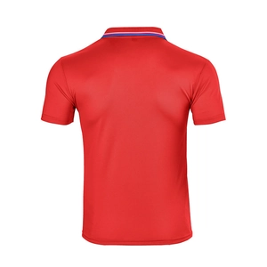 Rear view of red short-sleeved polo shirt with striped collar and sporty dry-fit texture