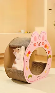 Detail of double-layer rabbit shaped corrugated cardboard cat scratcher bed with pink finish