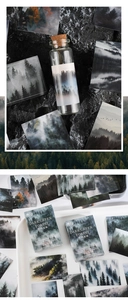 Detailed view of forest-themed stickers with dark green mist landscape in creative packaging