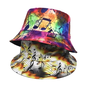 Bucket hat with colorful musical notes and staff patterns for outdoor sun protection