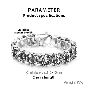 Detailed view of punk skull link bracelet in retro silver stainless steel with specs
