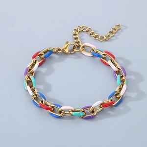 Detail of 18K gold-plated Cuban chain bracelet with multi-color enamel links and clasp