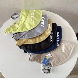 Group of colorful UPF50+ sun visors in six colors with wind ropes on a white surface