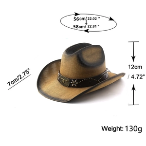 Chapeau de cowboy en paille dégradé marron avec emblème tête de taureau et dimensions