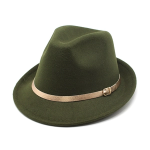 Classic dark green wool fedora hat with a gold metal buckle strap for a vintage style